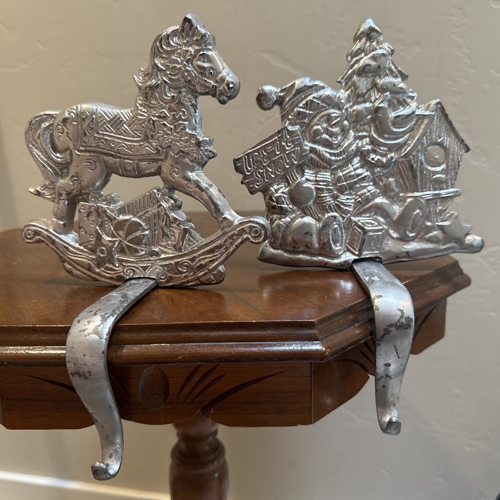 Grandeur Noel Heavy Cast Iron Christmas Stocking Holder Hanger Pair Silver Vtg